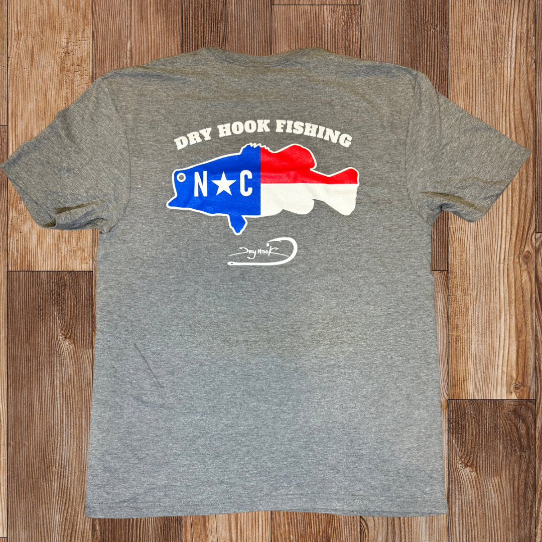 Gray t-shirt with a Dry Hook North Carolina bass logo and text on the back.
