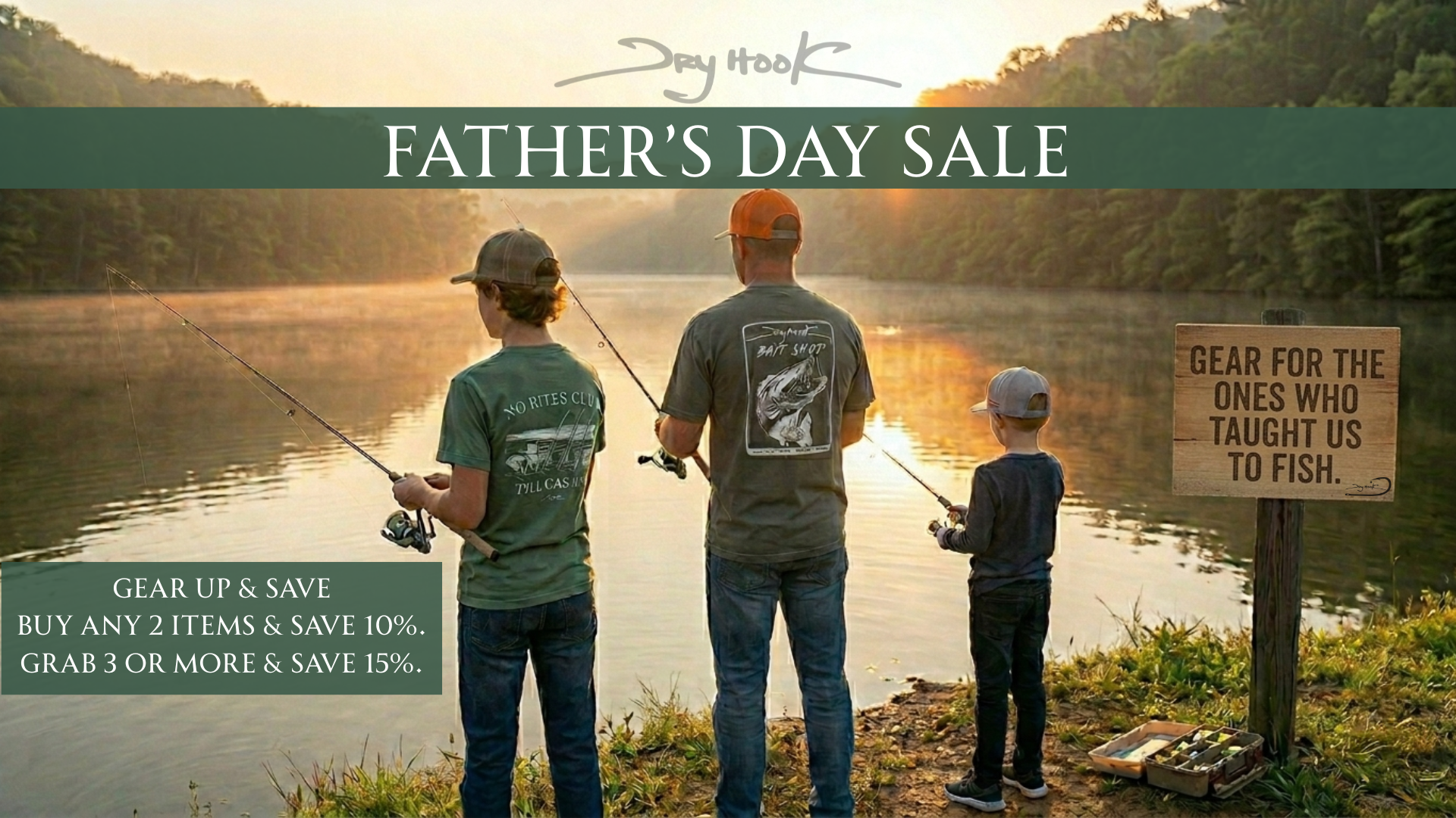 Three people fishing by a lake with a Father's Day sale banner at the top.